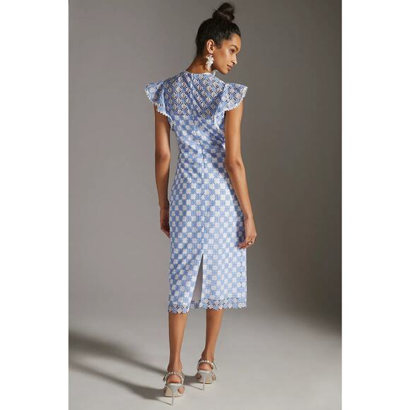 SHOSHANNA Rachel Ruffle Lace Midi Dress Size 12 Blue & White Wedding Guest - Picture 4 of 14